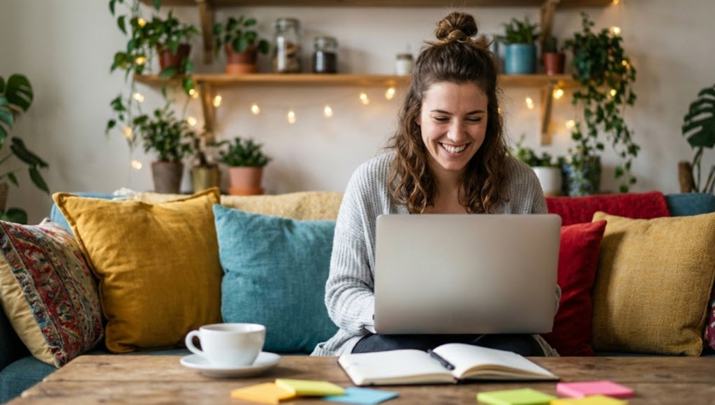 Femme entrepreneure souriante et épanouie travaillant sur son ordinateur - business aligné et ikigai